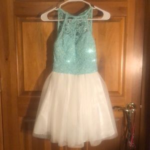 B Darlin Dresses - Aqua and White Sparkly Short Prom Dress B Darlin Dresses - Aqua and White Sparkly Short Prom Dress